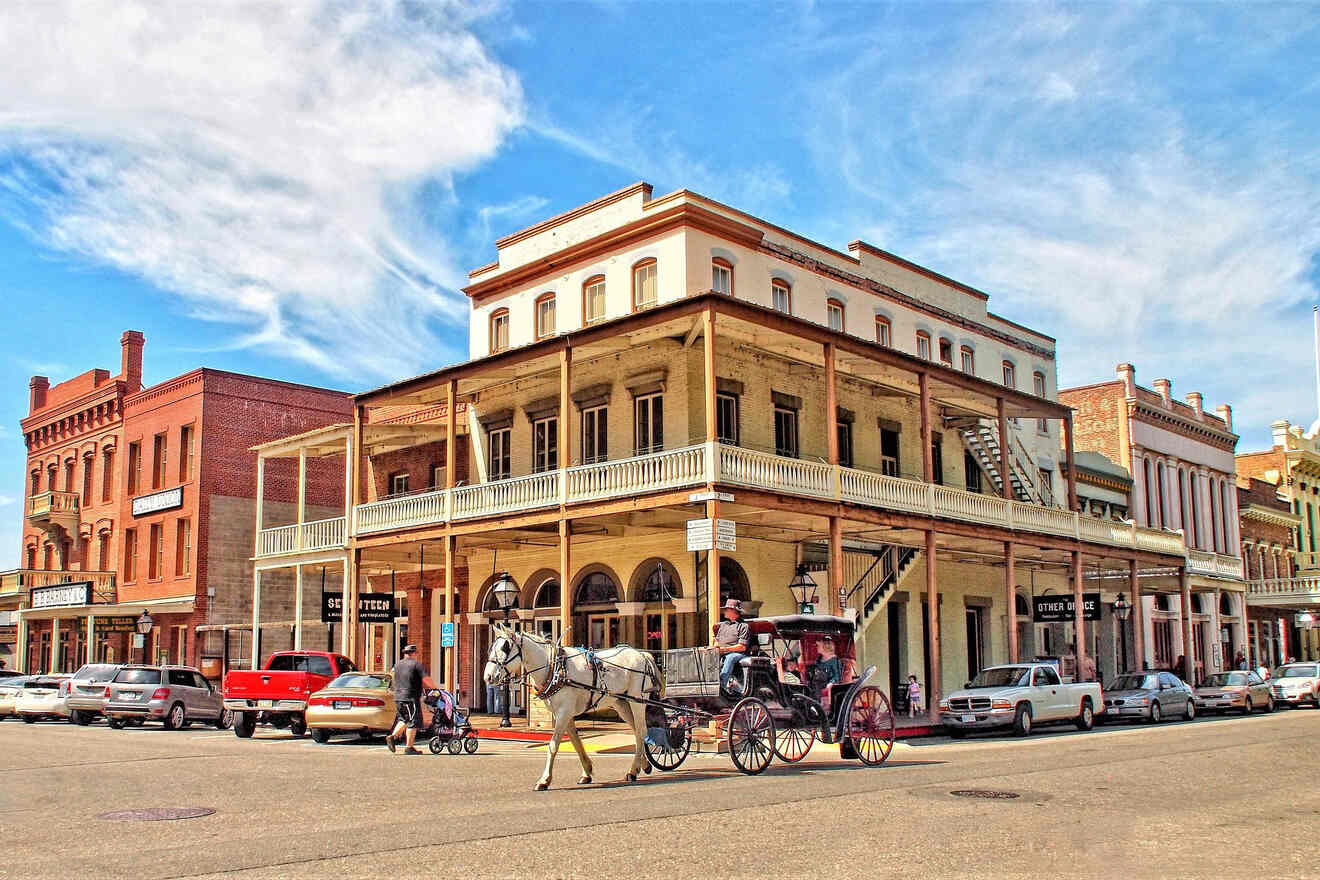 A vibrant street scene in historic Sacramento with classic architecture and a horse-drawn carriage, capturing the city's rich history and tourist appeal